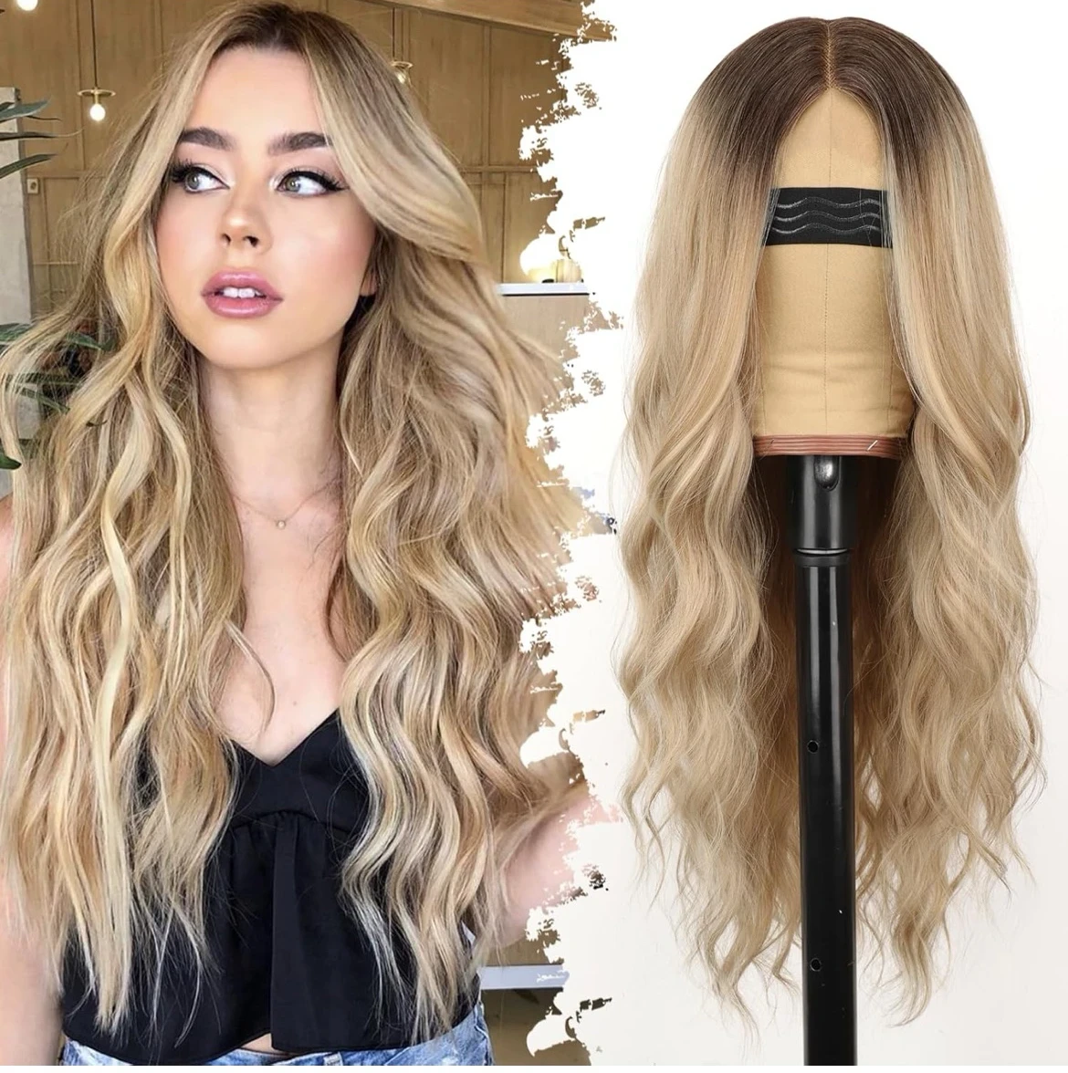  Peluca rubia miel para mujer, larga, ondulada 4x1, encaje natural, sin pegamento, para principiantes, parte media, 26 pulgadas, resistente al calor