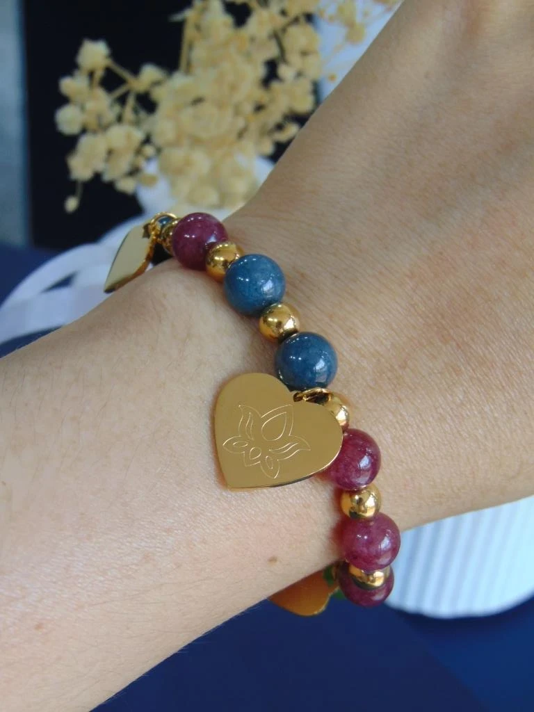 PULSERAS ACERO DOR CON CUARZOS NATUALES DIJE LOTO
