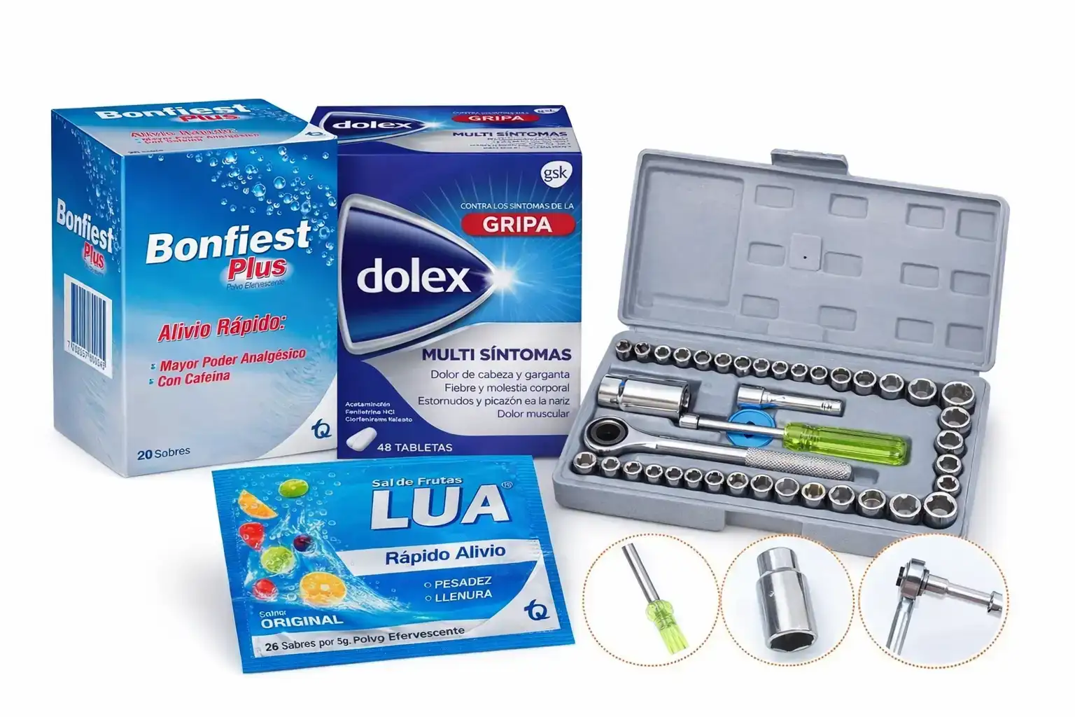 COMBO DOLEX GRIPA X 48 TAB+BONFIEST X 20+SAL DE FRUTAS X 20 OBS KIT DE DADOS (HERRAMIENTAS)