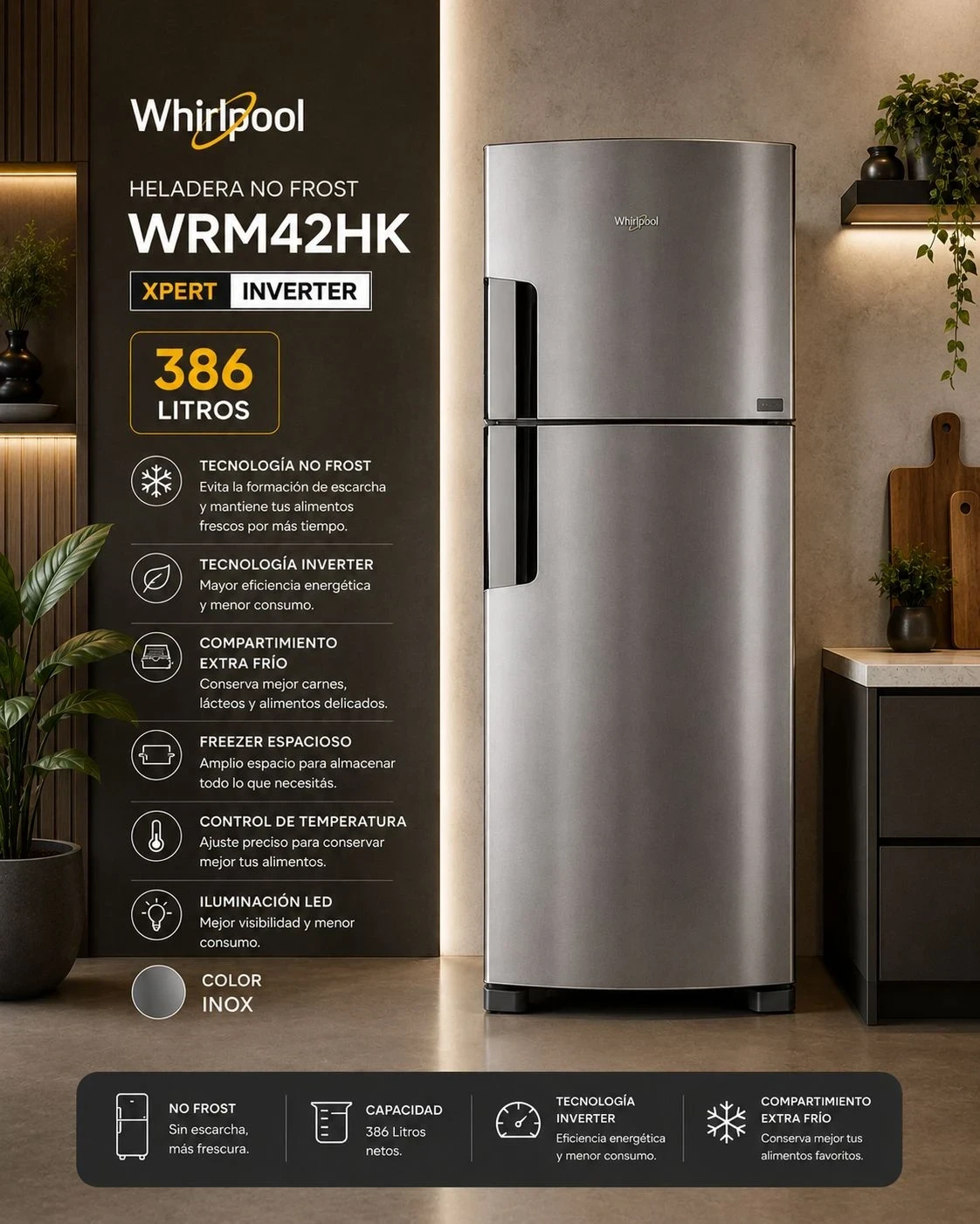 HELADERA WHIRLPOOL INVERTER 386LTS NO FROST SILVER‼️SOLO POR PEDIDOS‼️