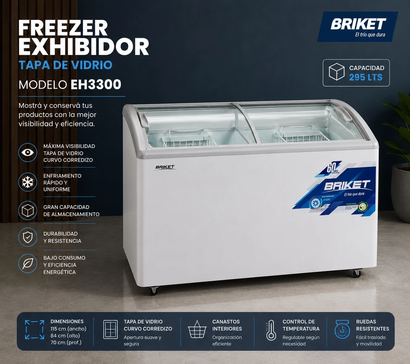 FREEZER EXHIBIDOR CONSERVADORA DE HELADOS BRIKET 295 LITROS TAPA VIDRIO 