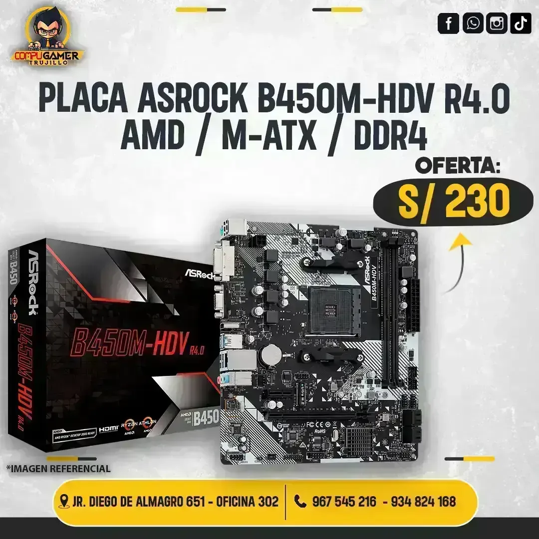 PLACA ASROCK B450M-HDV R4.0 AM4, DDR4