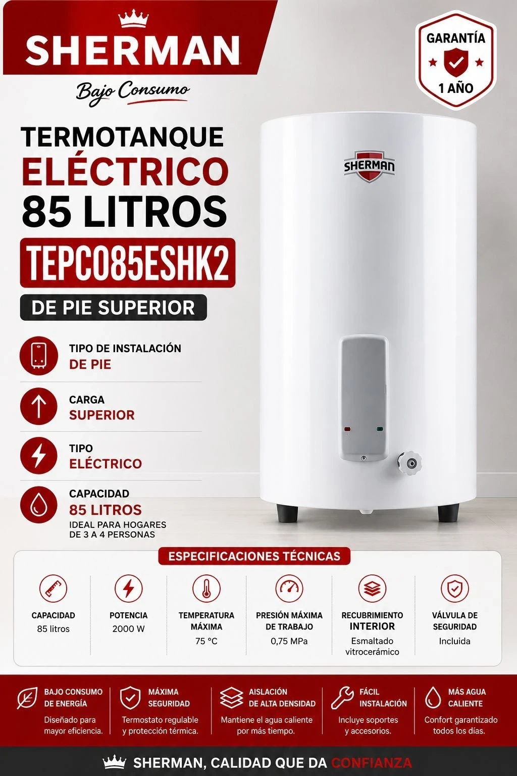TERMOTANQUE ELECTRICO SHERMAN BLANCO 85LTS C/SUP DE PIE