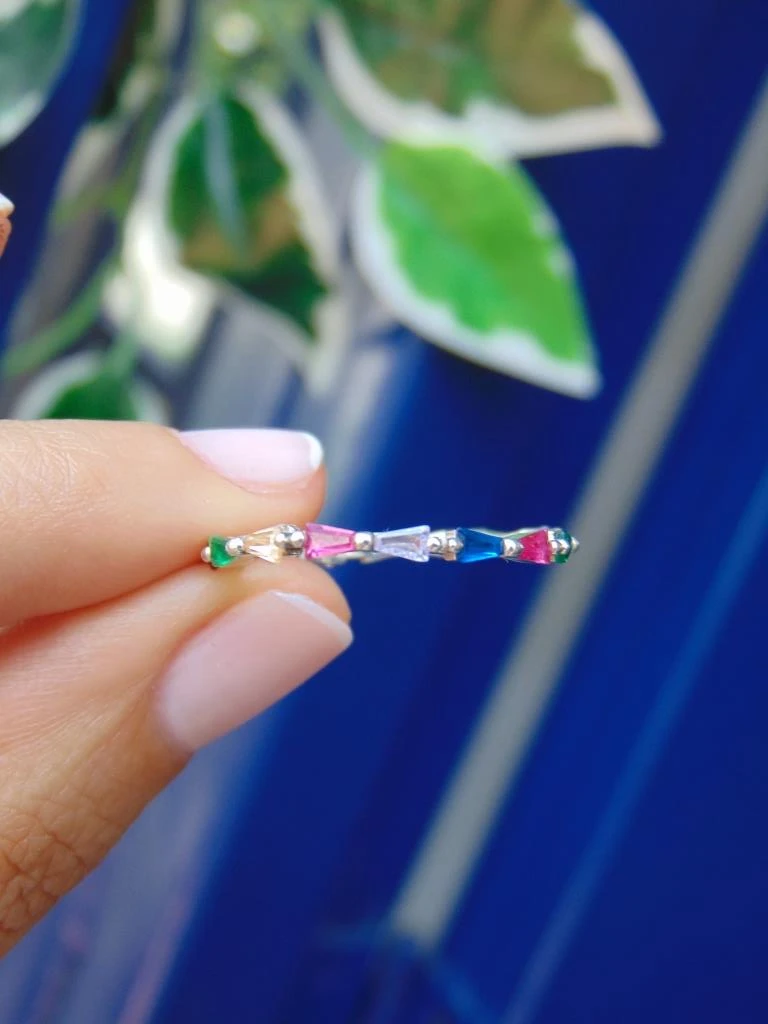 ANILLO PLATA LEY 925 DELGADO CIRCONES BAGUET COLORES TALLA 8 2