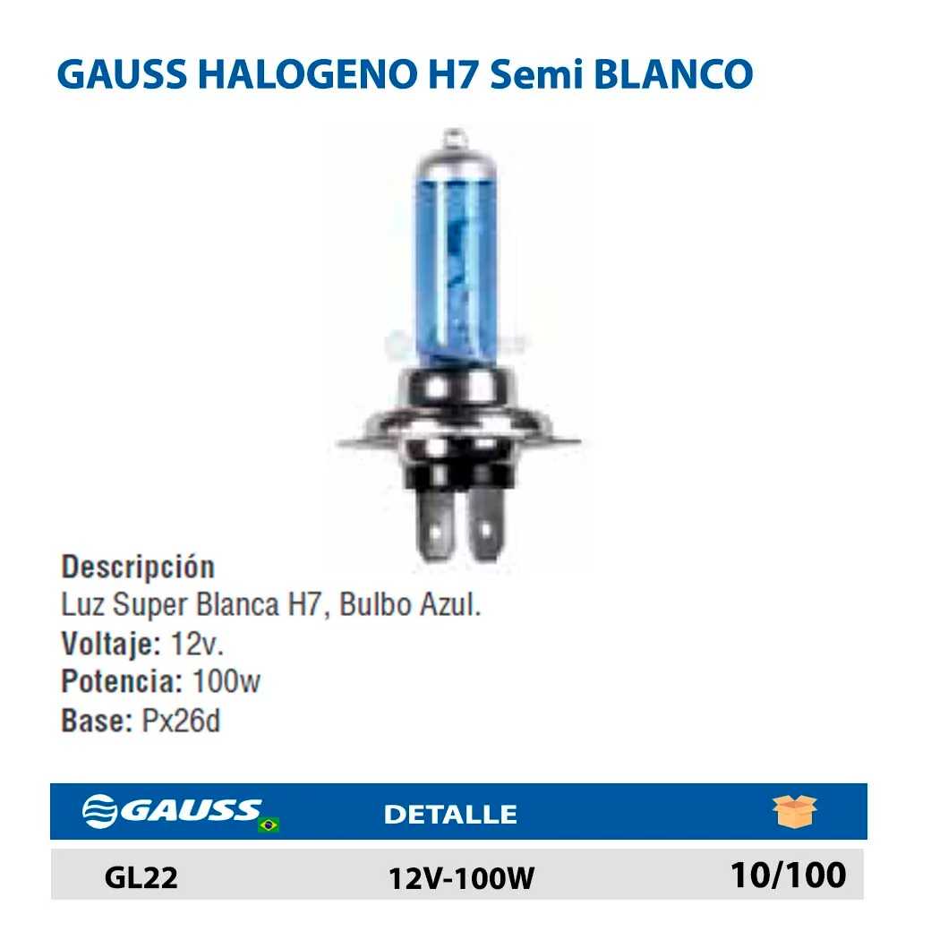 GAUSS HALOGENO H7 Semi BLANCO 12V-100W