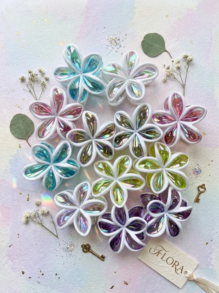 Pinzas para Cabello de Flores Iridiscentes "Flora": Brillo Mágico y Elegancia Floral (Paquete de 12)