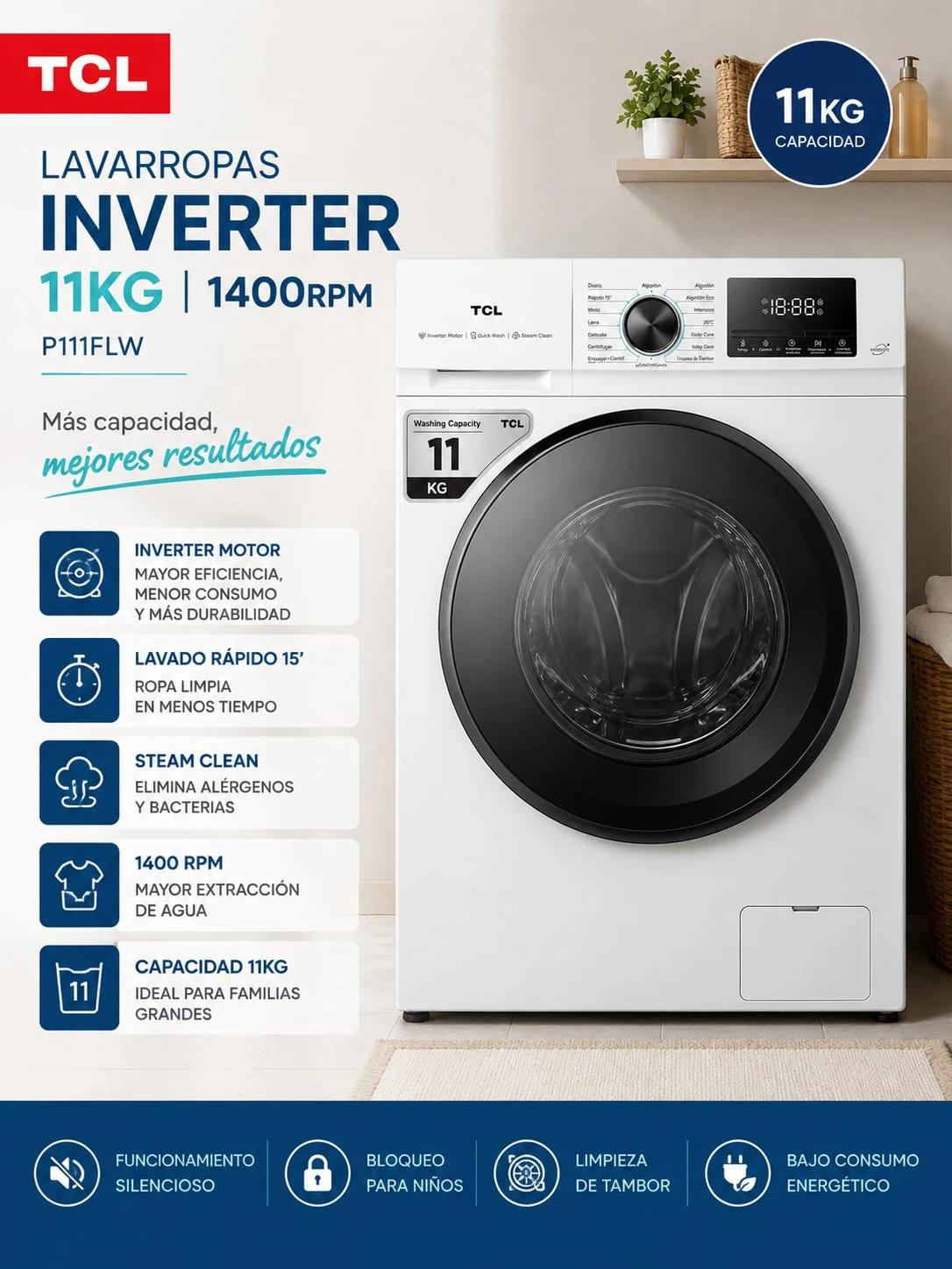 Lavarropas Tcl Inverter 11kg 1400rpm Blanco