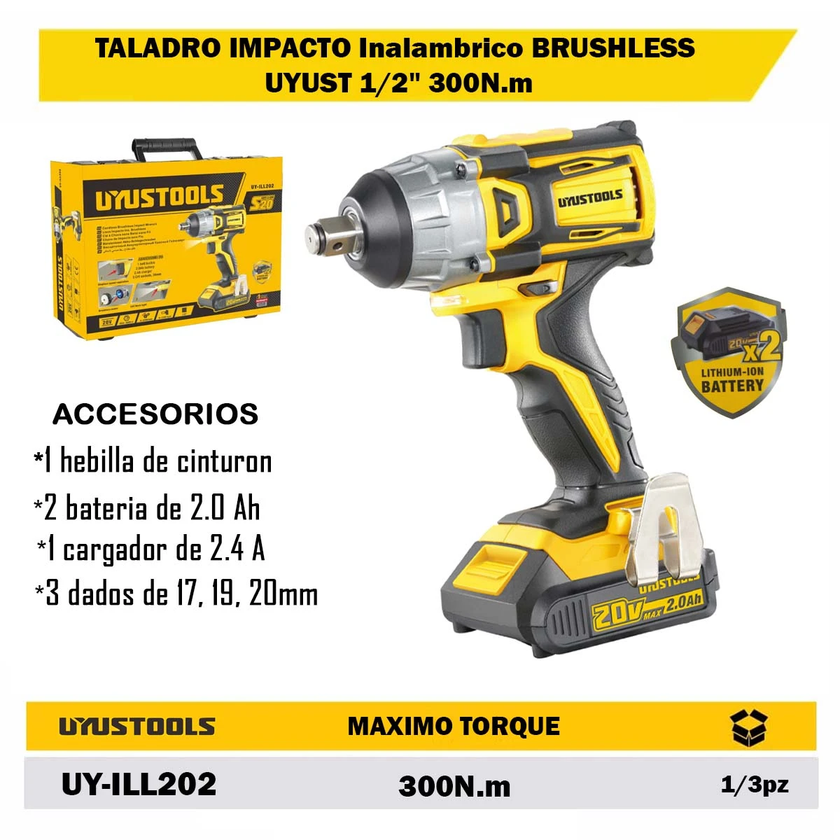 LLAVE TALADRO IMPACTO Inalambrico BRUSHLESS UYUST 1/2" 300N.m