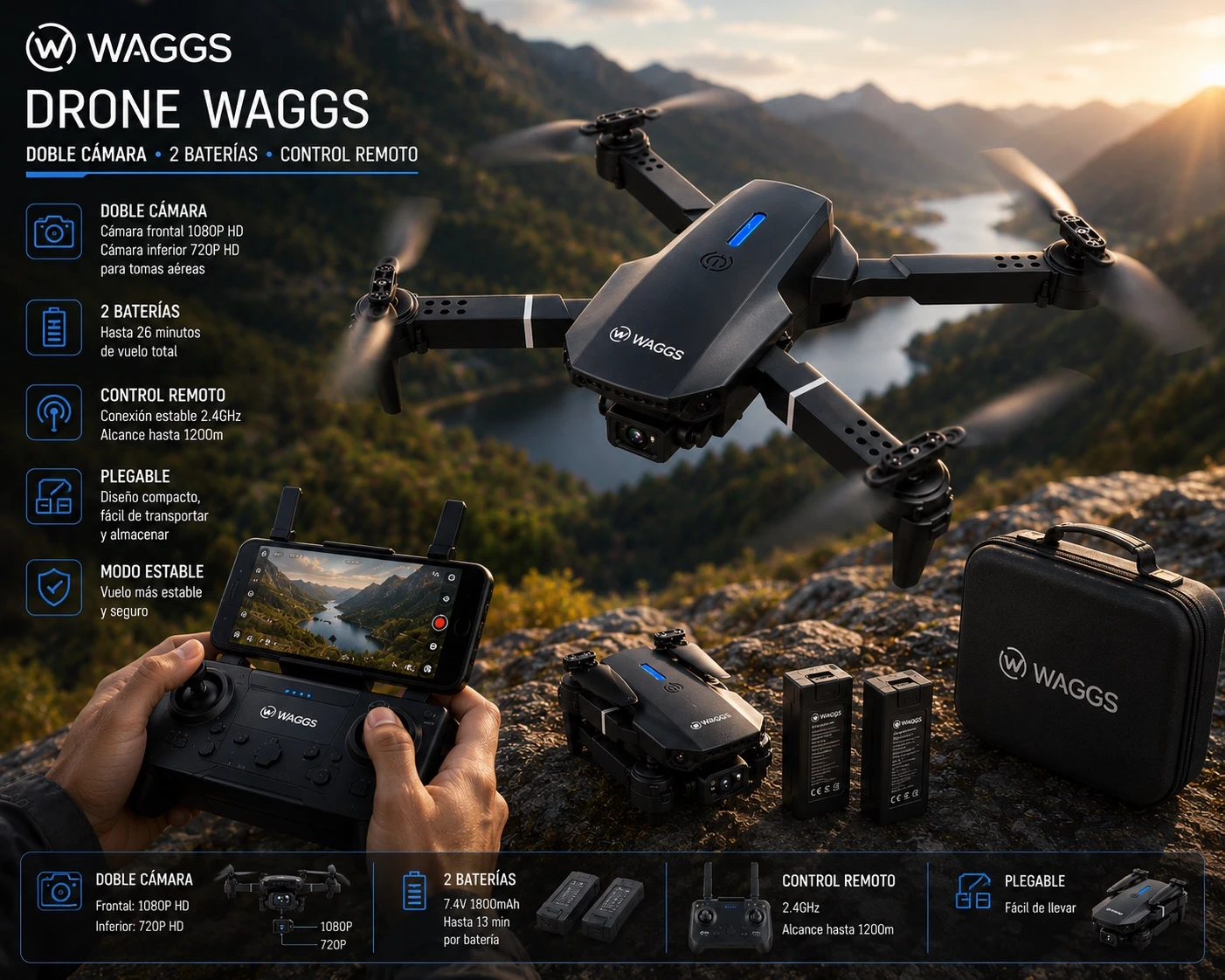 MINI DRONE DOBLE CAMARA 720p WAGGS 