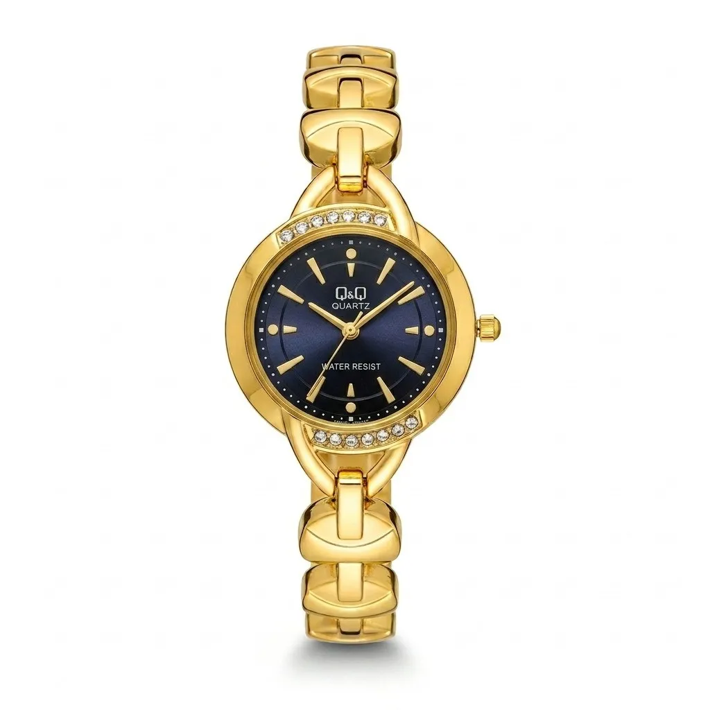 Reloj Q&Q Original Acero Tipo Joyita Dorado Fondo Azul