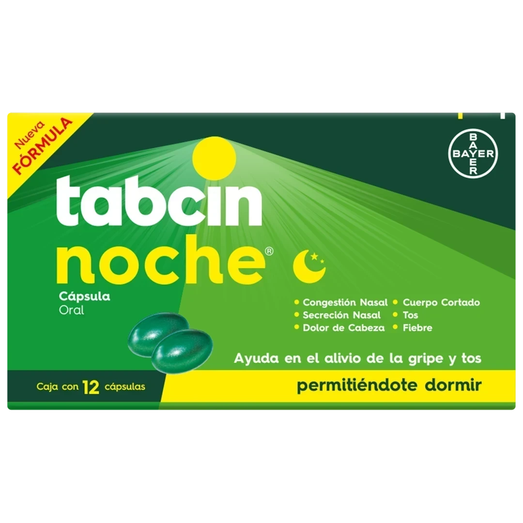 Tabcin Noche para las Molestias de la Gripe y Tos Ayuda a Conciliar el Sueño, 12 Cápsulas