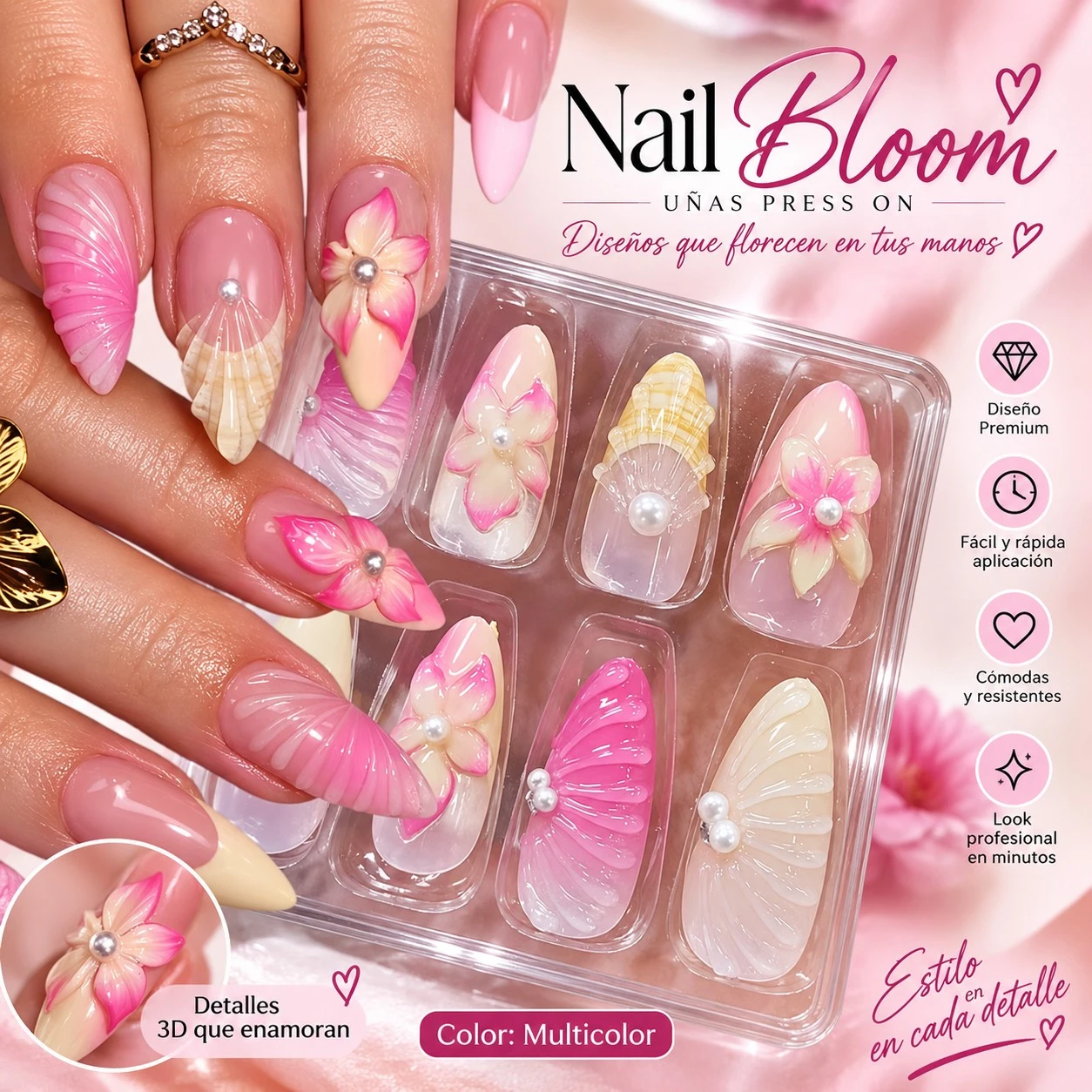 lumera caja de uñas press on nail bloom 3d premium 