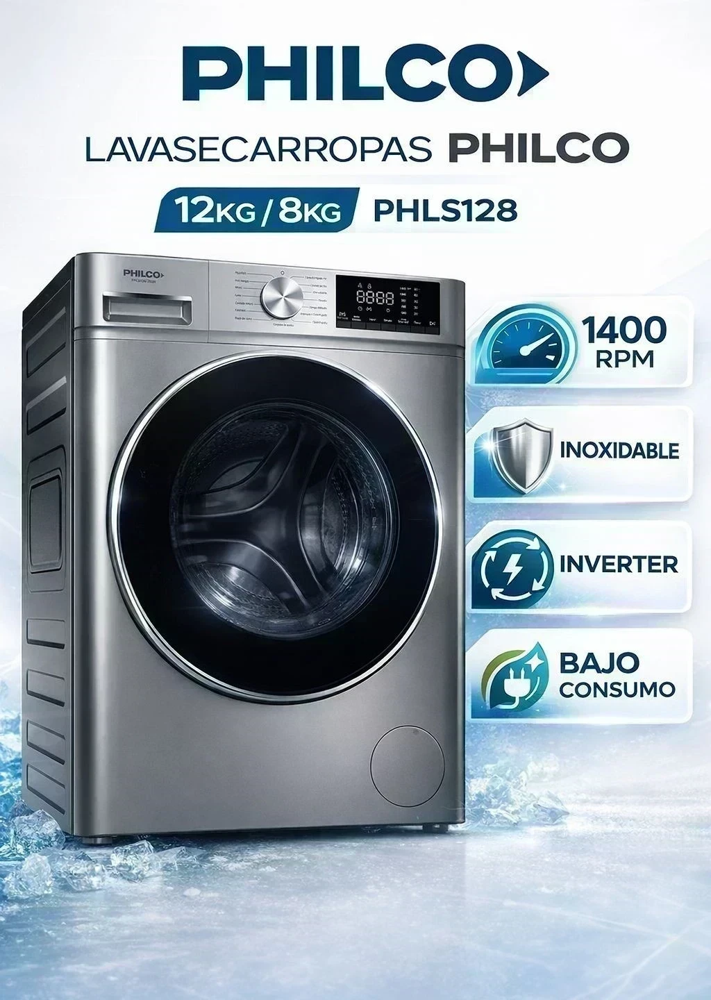 LAVASECARROPAS PHILCO 12KG SILVER INVERTER 