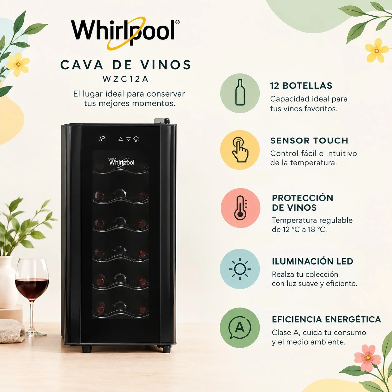 CAVA DE VINOS WHIRLPOOL WZC12A 12 BOTELLAS
