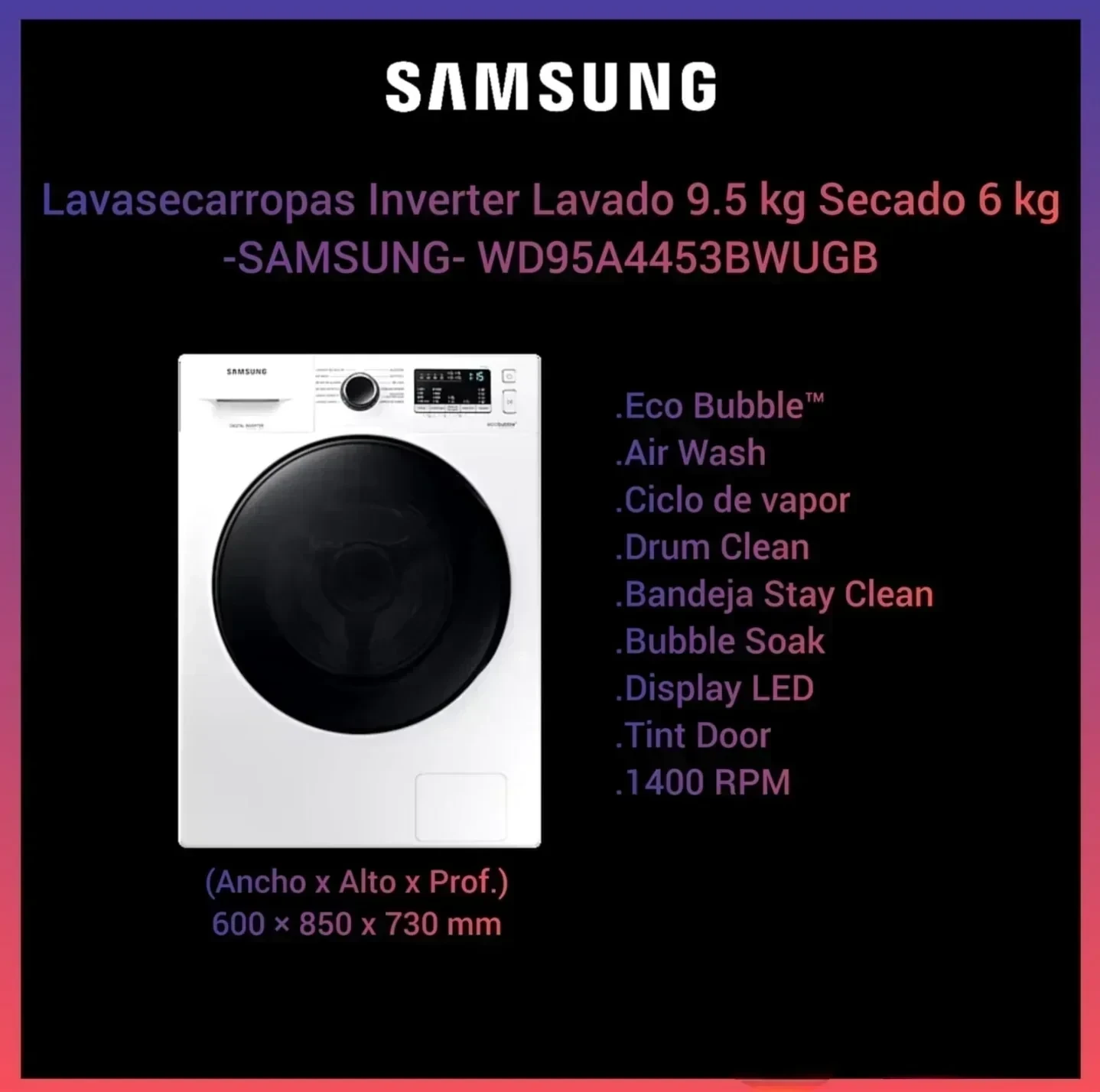 LAVASECARROPAS SAMSUNG WD95A4453BWUBG 9.5KG WHITE