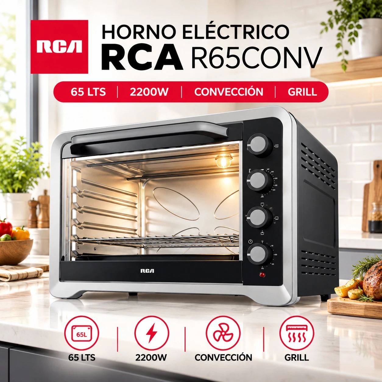 HORNO ELÉCTRICO RCA 65 LITROS CON CONVECCIÓN 
