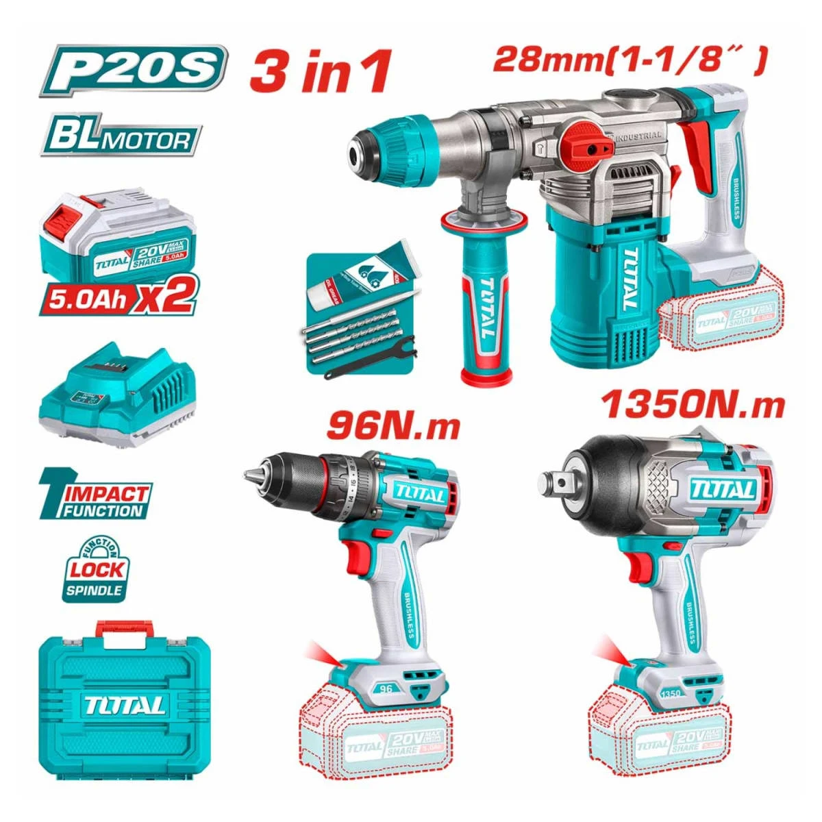 Mega combo pro taladro 96n.m. + rotomartillo + llave de impacto 3/4" 20v total SKU: TOSLI250281