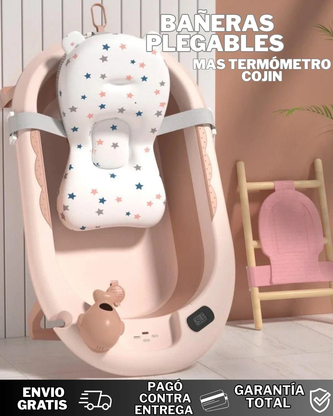 BAÑERA PLEGABLE CON TERMÓMETRO COJÍN 