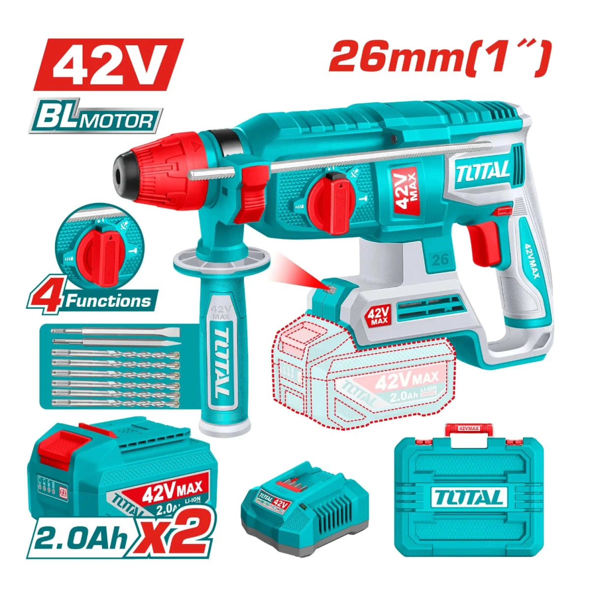 Rotomartillo sds plus 2.5j + 2 batería y cargador 42v total SKU: TRHLI422682