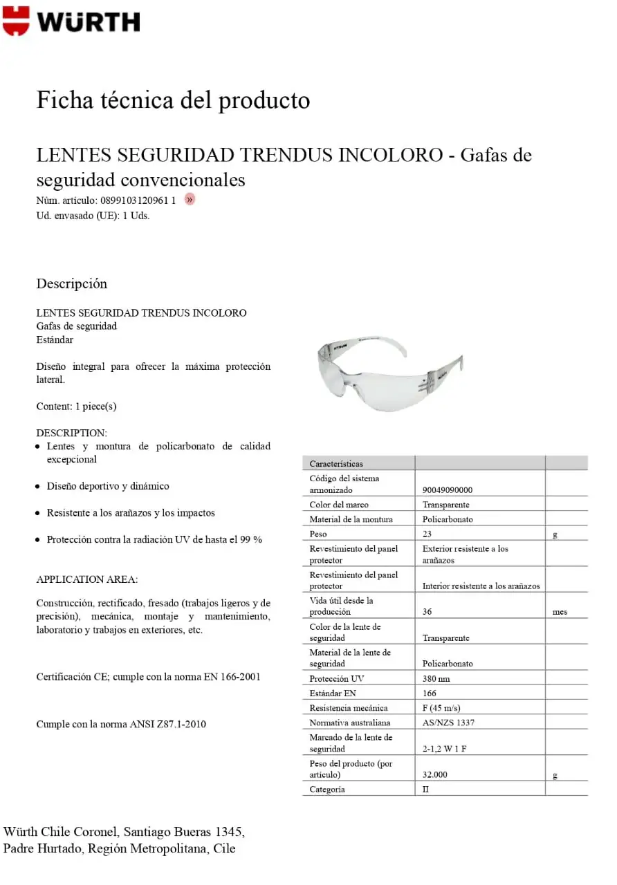 Lente Seguridad Policarbonato Negro STD Wurth 2