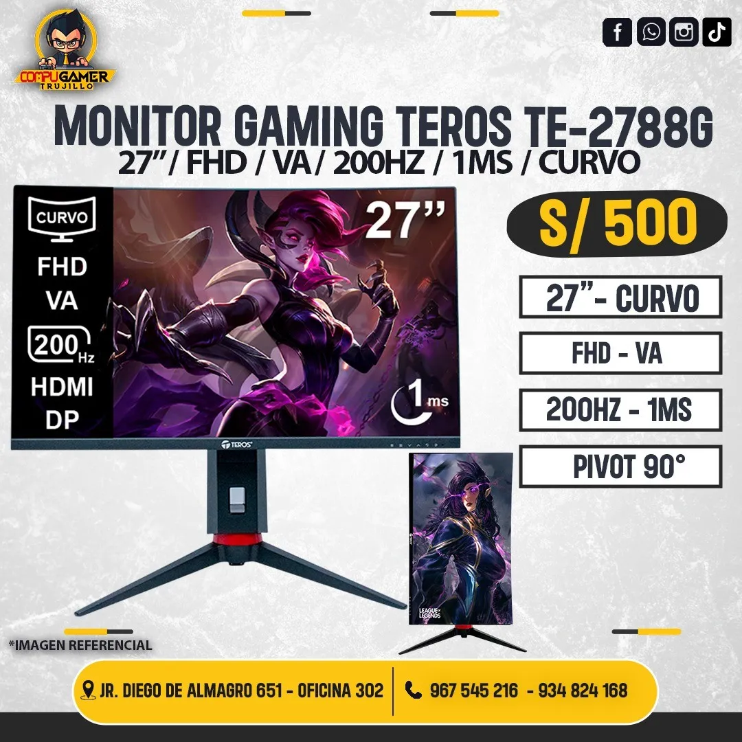MONITOR TEROS TE-2752G 27", FHD, IPS, 165HZ, 1MS, PLANO, PIVOTEABLE 