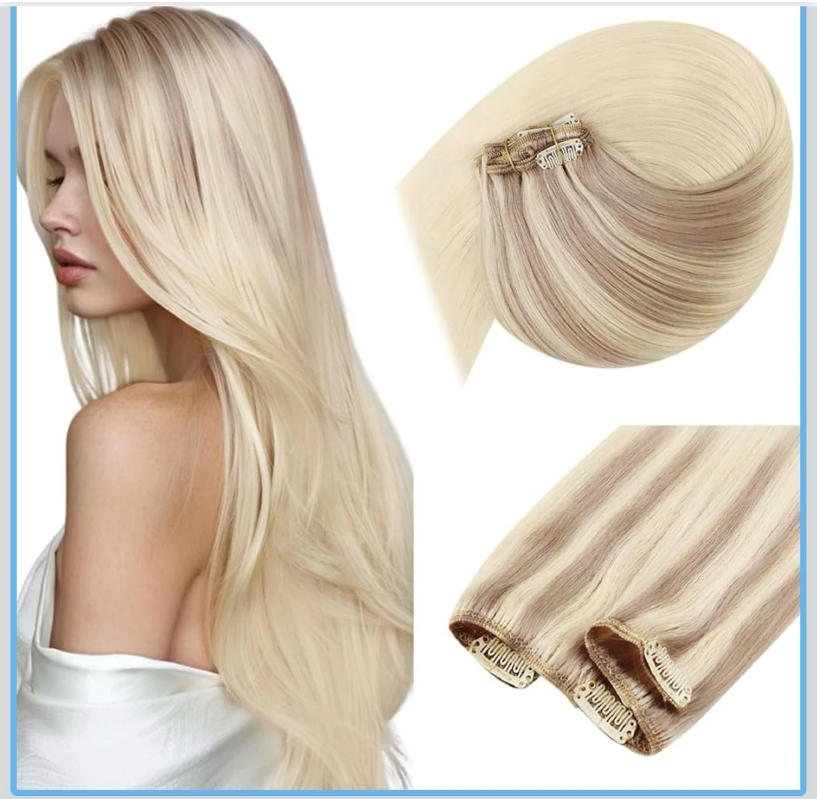 Extensiones de clip de cabello humano, color rubio rosa degradado a rubio platinado - 12 pulgadas, 4 capas 