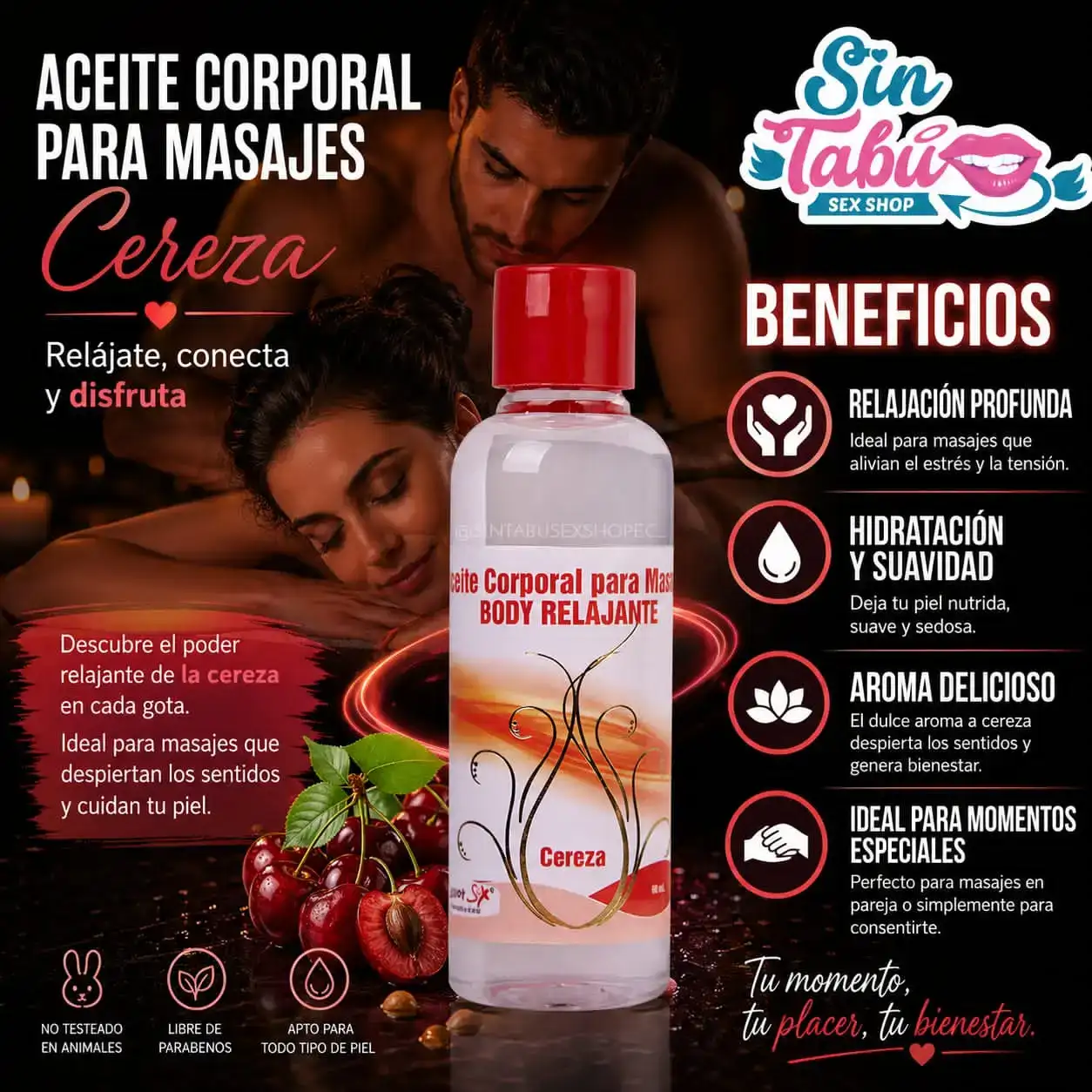 ACEITE PARA MASAJES CON FEROMONAS AROMA CEREZA 