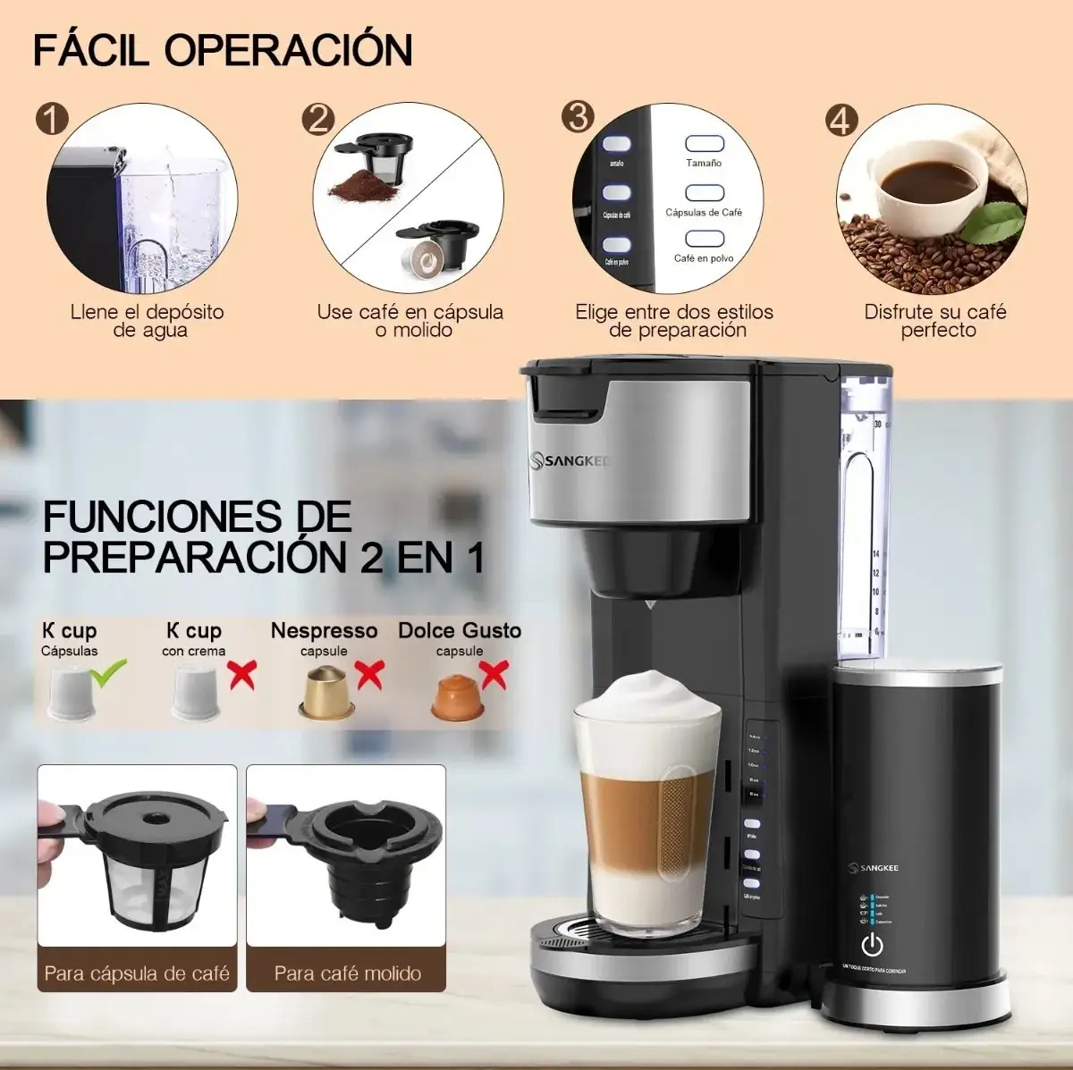 Cafetera más espumador de leche 6 en 1 para cápsulas K-CUP y para cafe molido  4