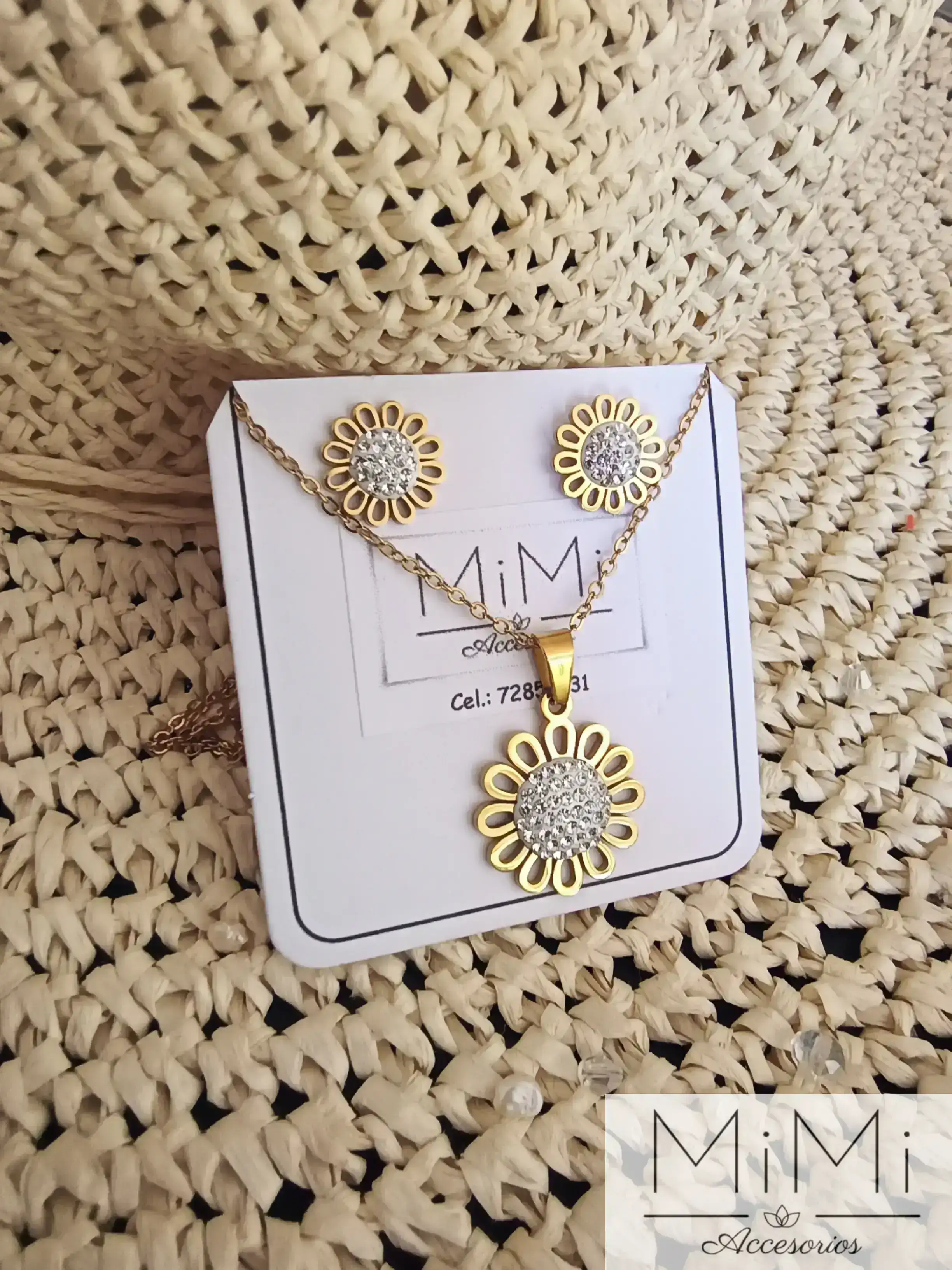 Juego de joyas de girasol con brillantes en acero inoxidable 