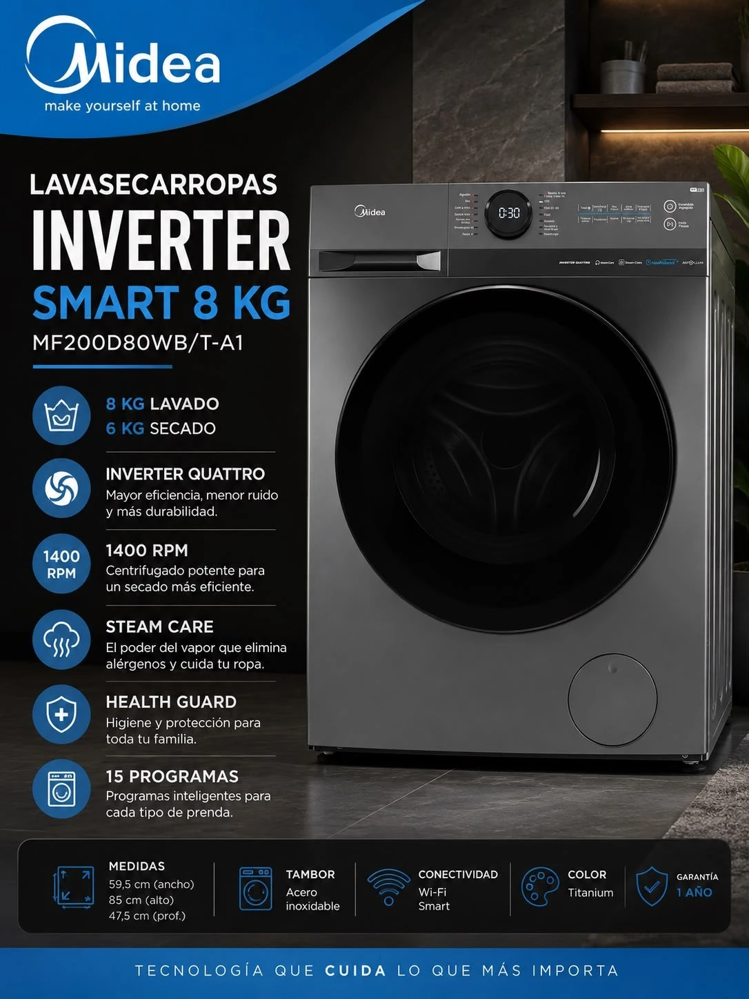 LAVASECARROPAS MIDEA INVERTER 8 Kg-6kg TITANIUM WIFI 