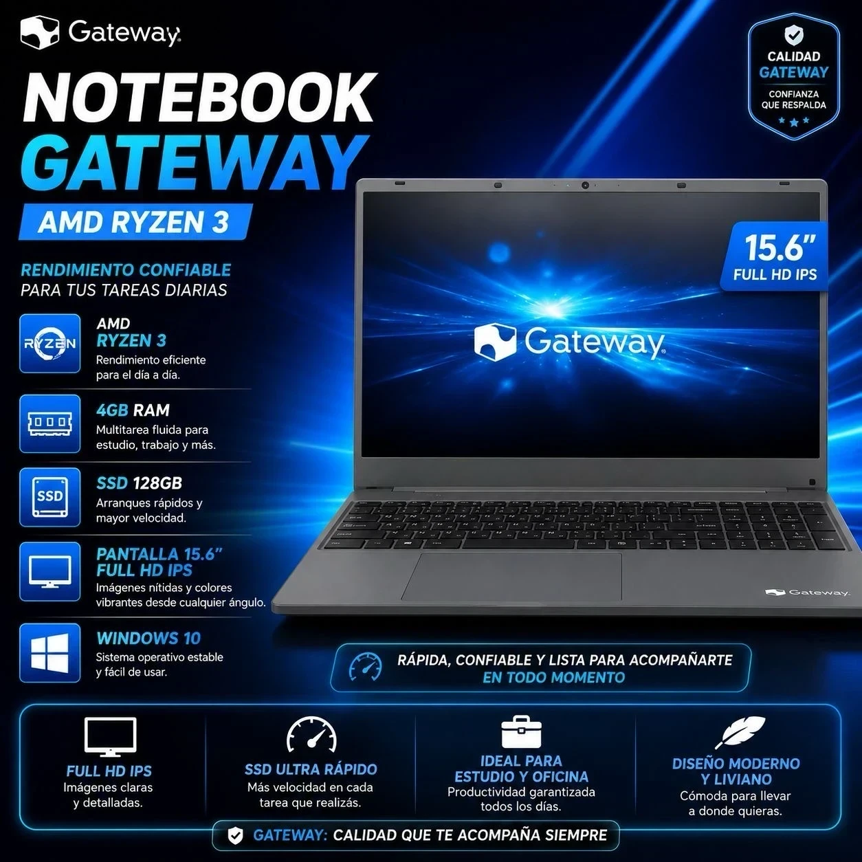 Notebook Gateway Ryzen 3 4gb 128gb Ssd 15.6 Fhd Ips W10