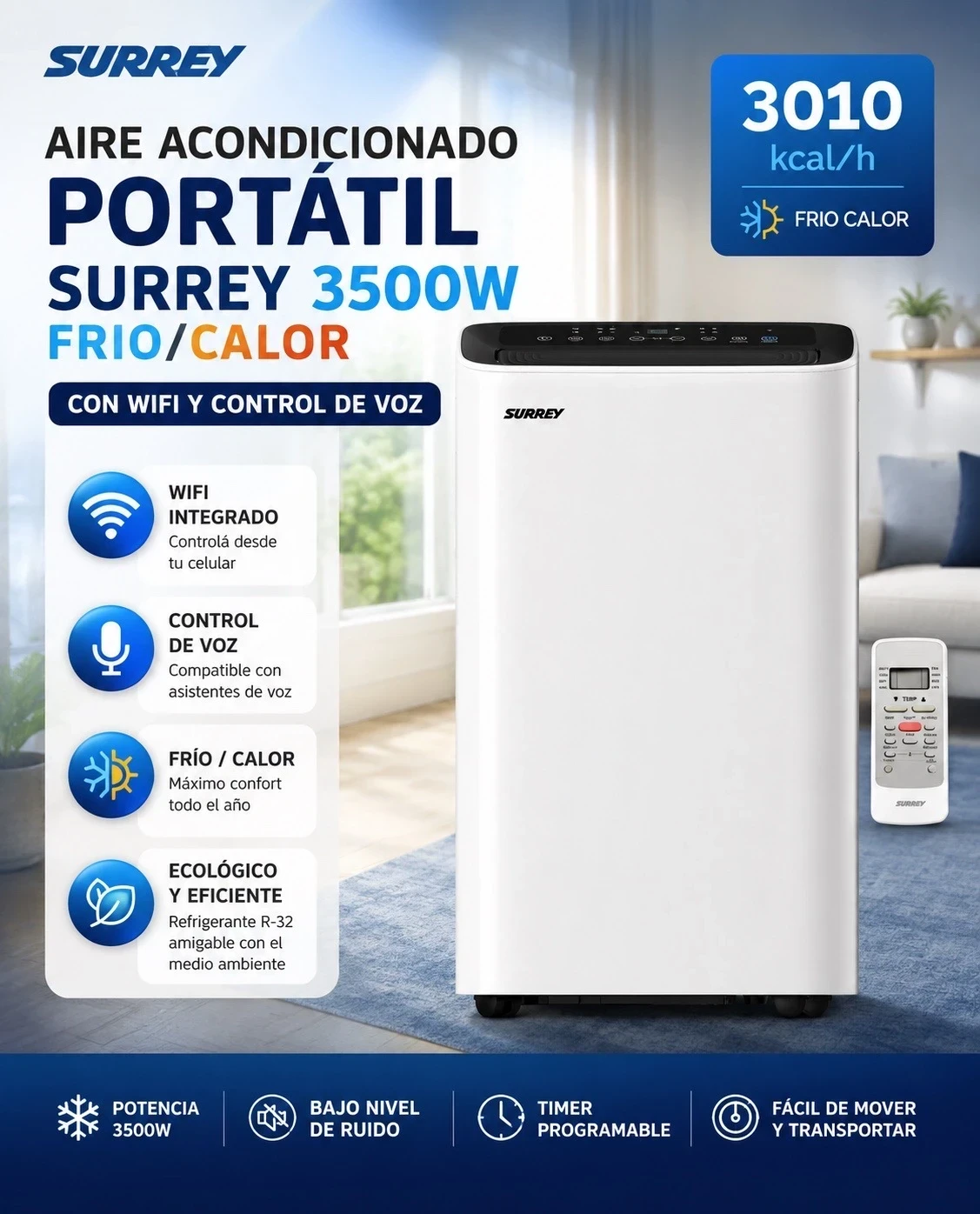 AIRE ACONDICIONADO SURREY PORTATIL SMART WI-FI FRÍO CALOR 3500W ‼️SOLO POR PEDIDOS‼️