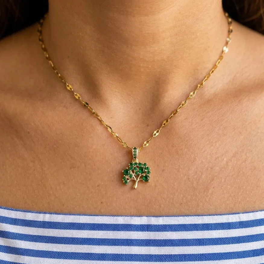 Cadena Y Dije En Acero Con Piedra Circon De Arbol Pequeño Verde 4
