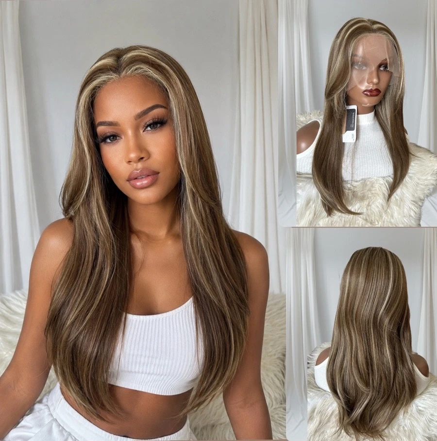 Peluca semi natural de 24 pulgadas, frontal lace 13x4