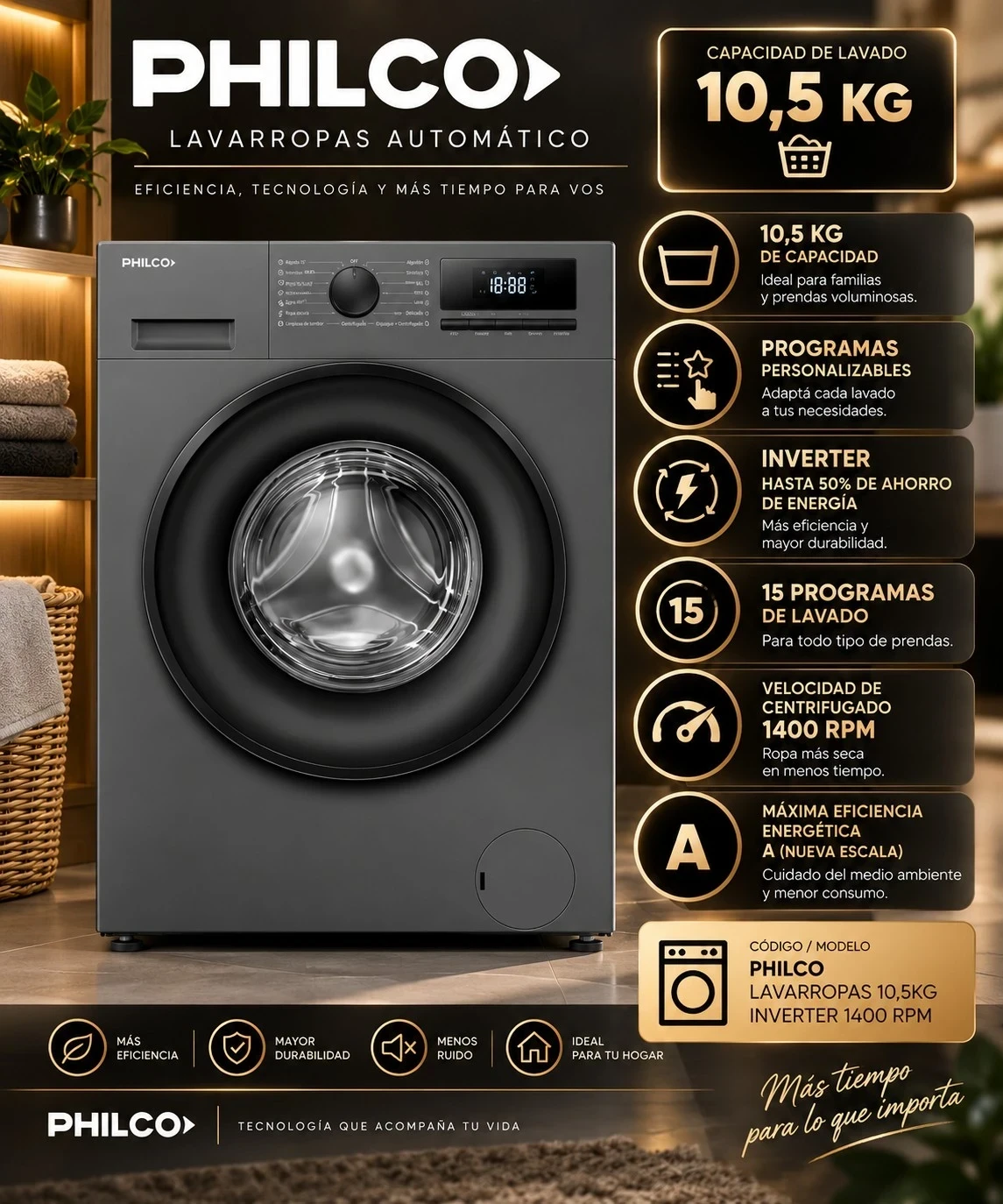 LAVARROPAS PHILCO 10,5 KILOS CARGA FRONTAL SILVER CONSULTAR DISPONIBILIDAD CON EL VENDEDOR 