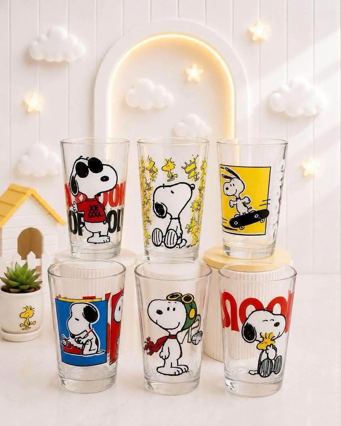 Paquete de 6 vasos de vidrio snoopy coleccion peanuts premium 5