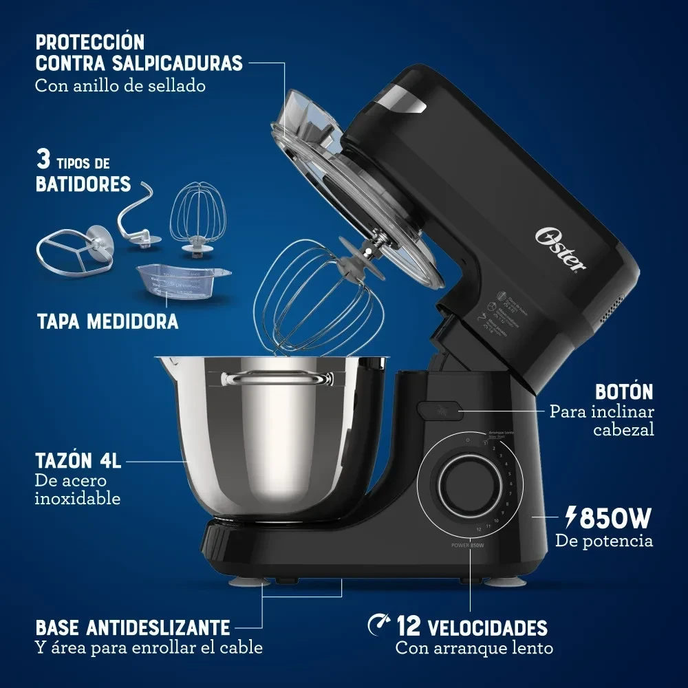 Oster® Batidora Planetaria, 12 velocidades, Tazón de Acero Inoxidable, Capacidad de 4 lt, Incluye 4 Accesorios, 850 W, Negro, FPSTSMPL2B 3
