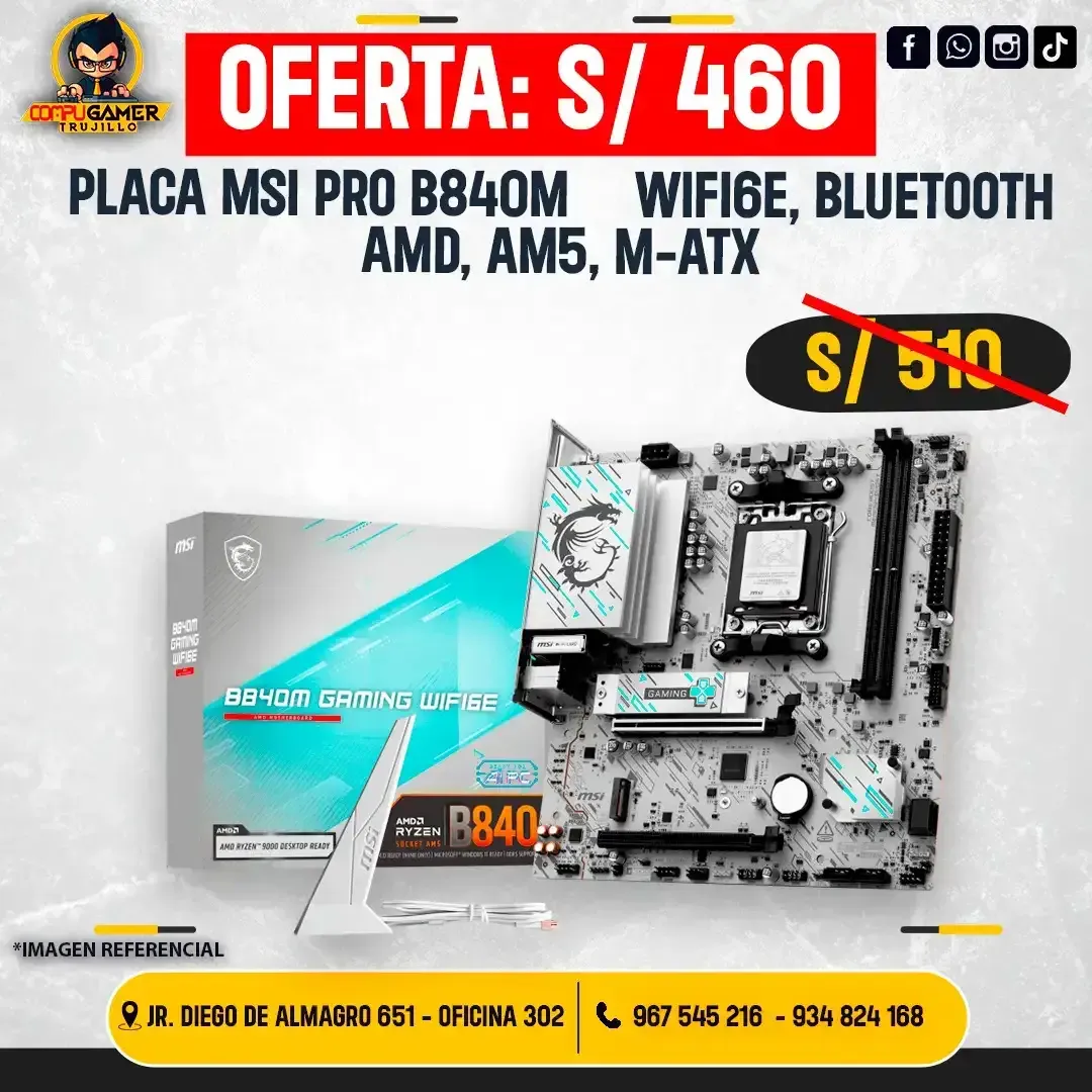 PLACA MSI PRO B840M WIFI6E, BLUETOOTH, AMD, AM5, M-ATX