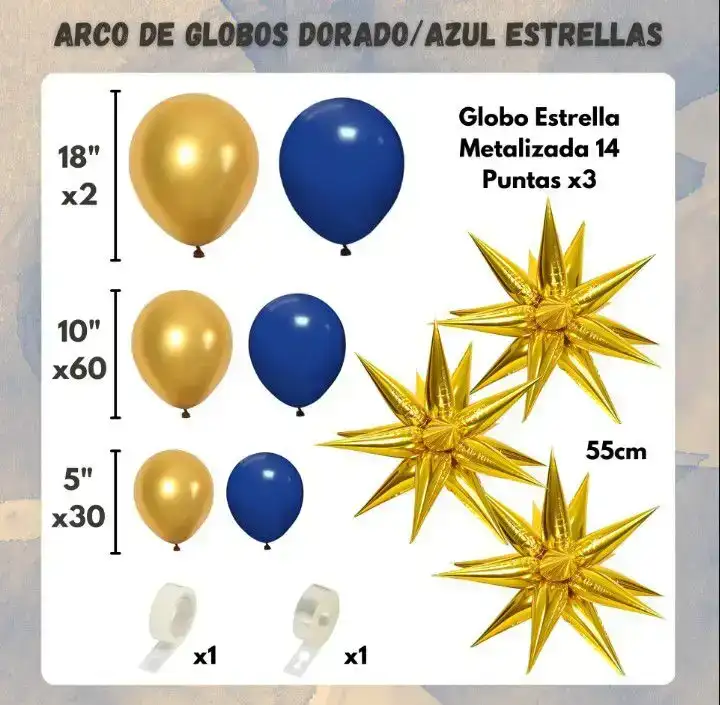 Set super guirnalda globos latex/ metalizados perlados azul/dorado 97 pcs 2