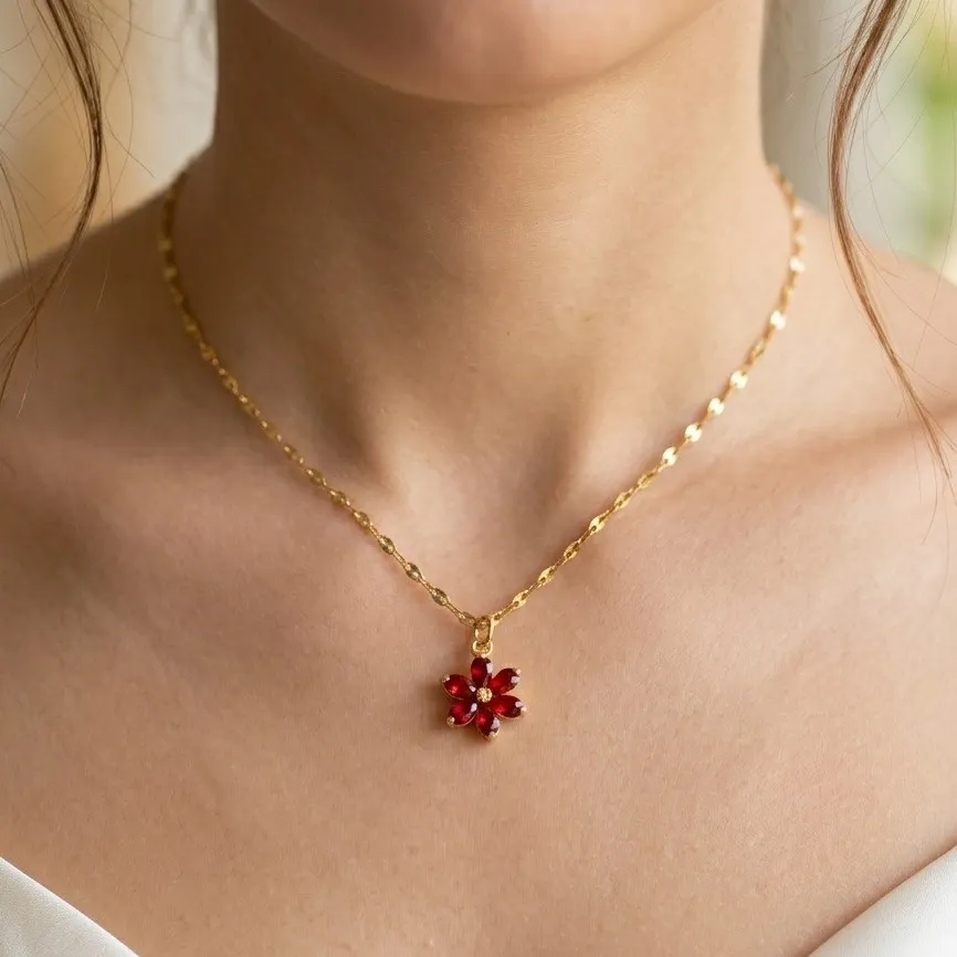 Cadena Y Dije En Acero Con Piedra Circon De Flor Roja Pequeña  4