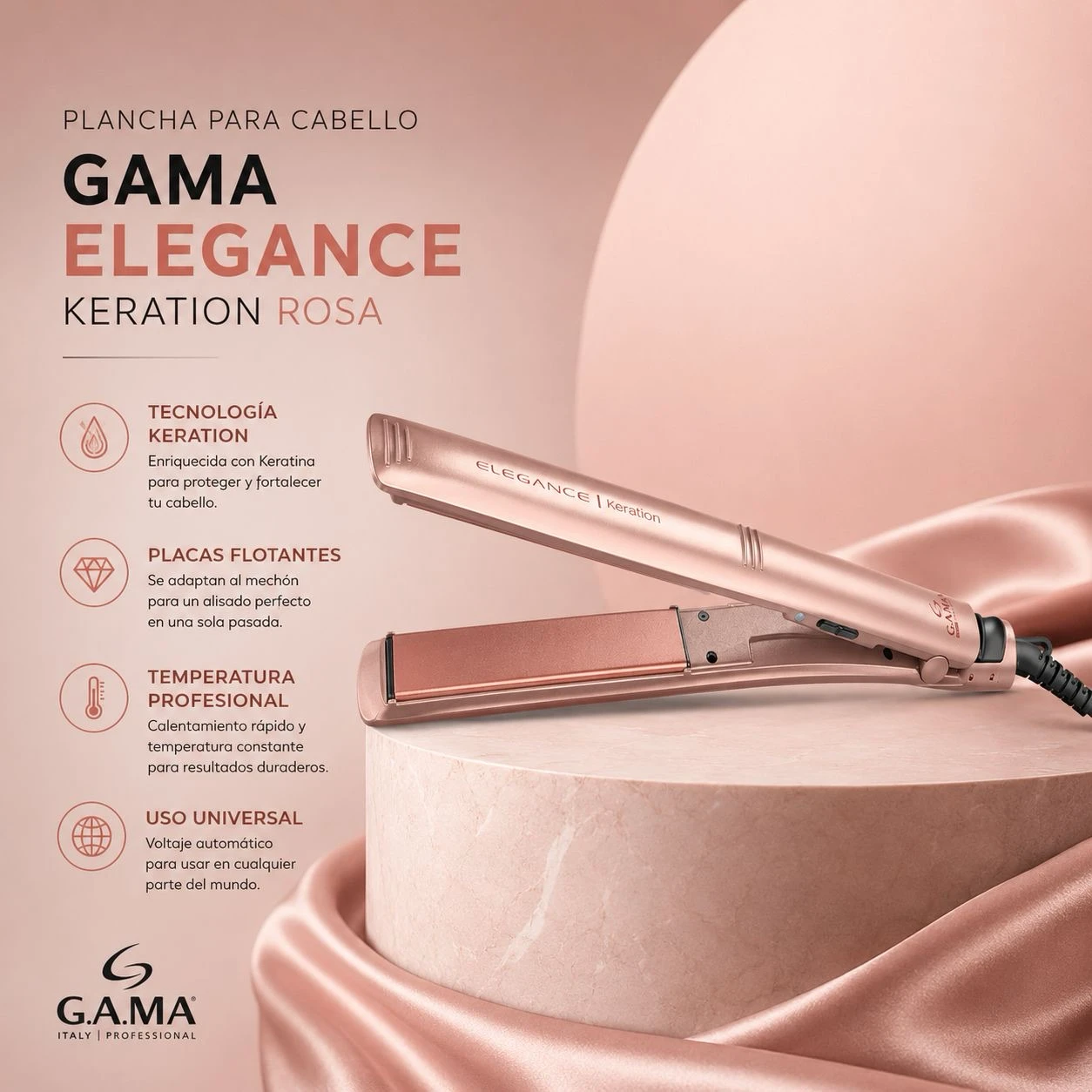 Plancha para Cabello Gama Keration Elegance Rosa