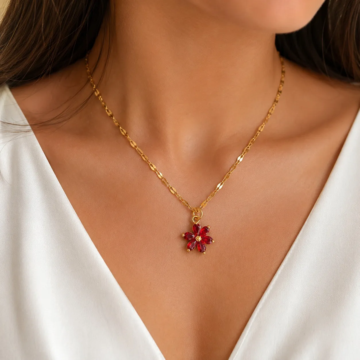 Cadena Y Dije En Acero Con Piedra Circon De Flor Roja Pequeña  3