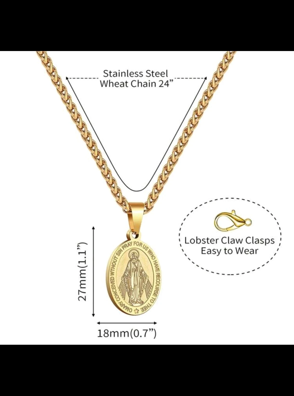 Cadena con Medalla Milagrosa de la Virgen María en Acero Inoxidable 4