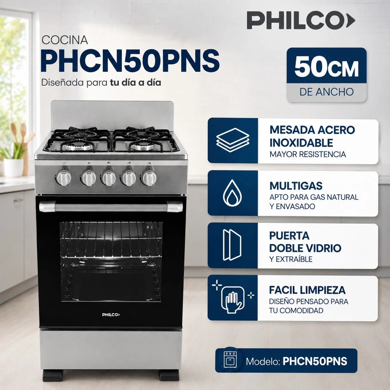 COCINA MULTIGAS PHILCO PHCN50P 50 CM SILVER ‼️SOLO POR PEDIDOS ‼️ 