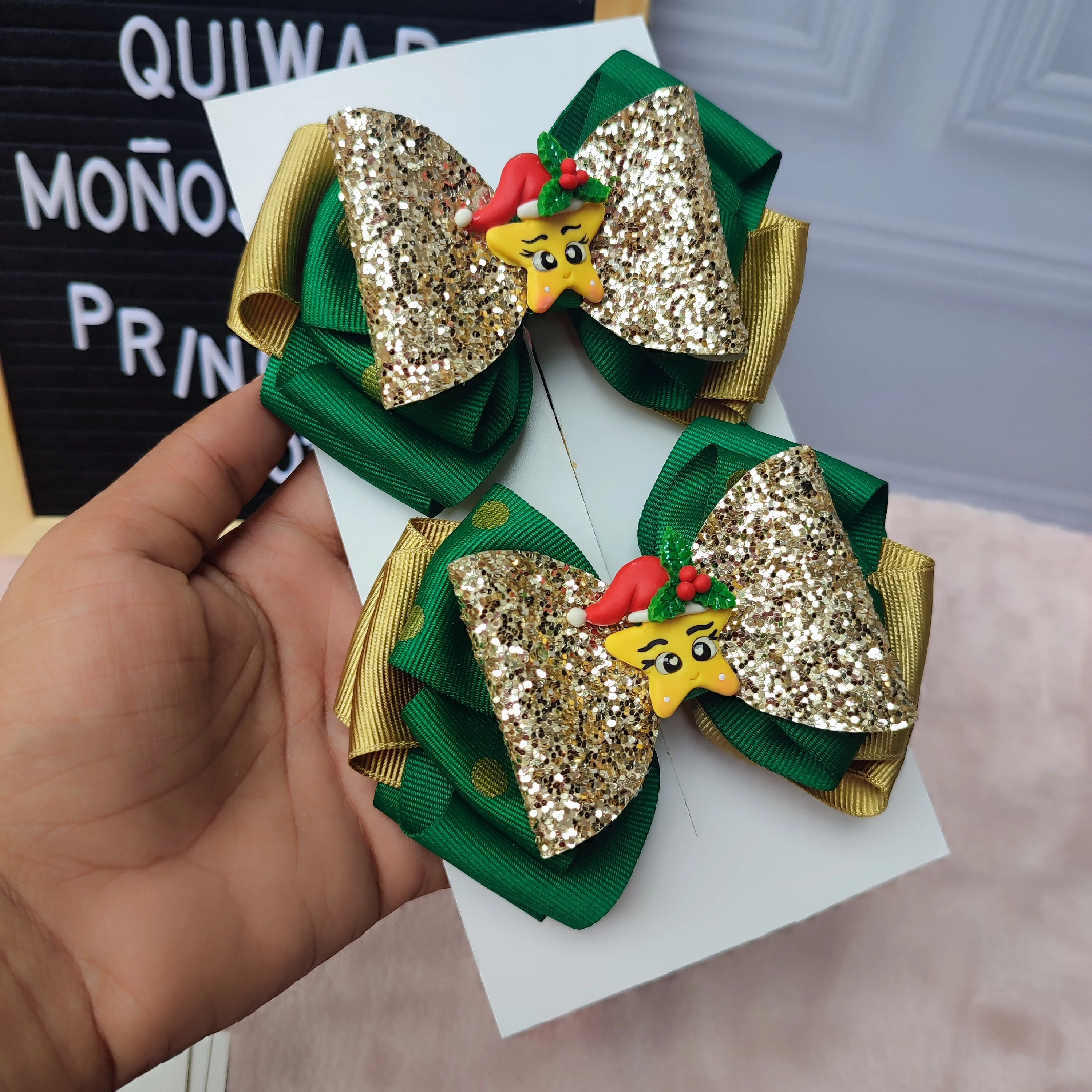 Set Verde Navidad con Dorado Aplique Estrellas (Par)