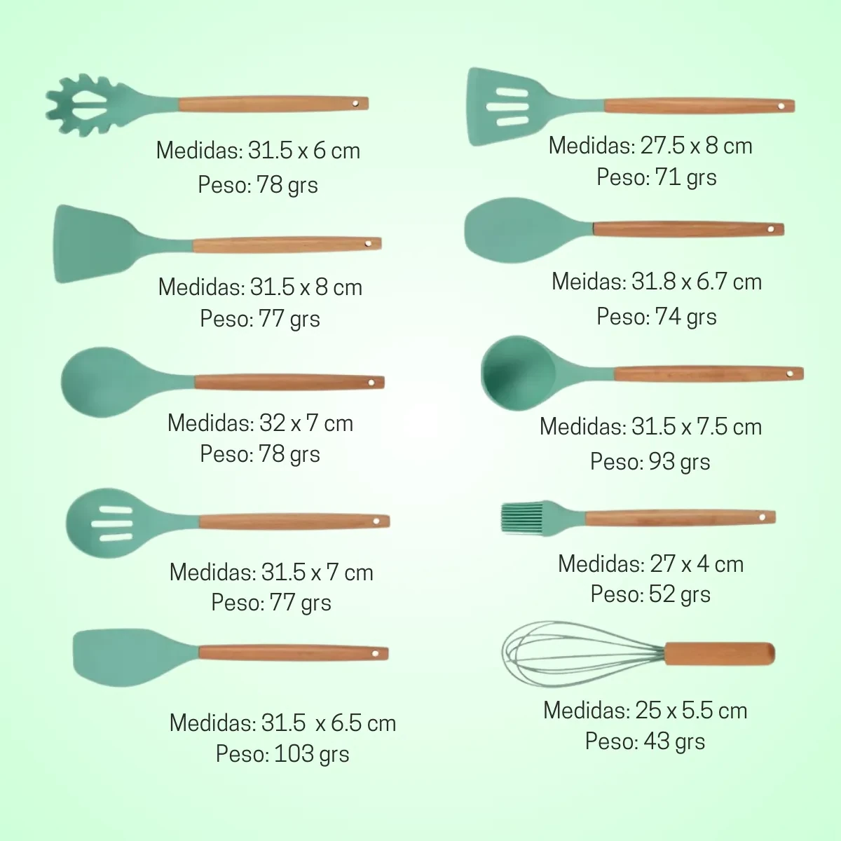SET DE UTENSILLOS DE COCINA MANGO DE MADERA KIT X19 PIEZAS PUNTA DE SILICONA COLOR VERDE OSCURO