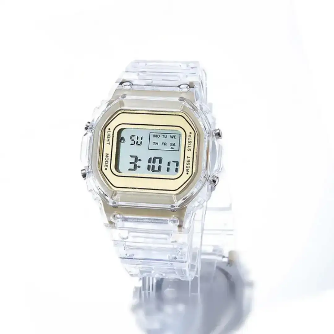Reloj Deportivo Digital Cuadrado Transparente Dorado 2