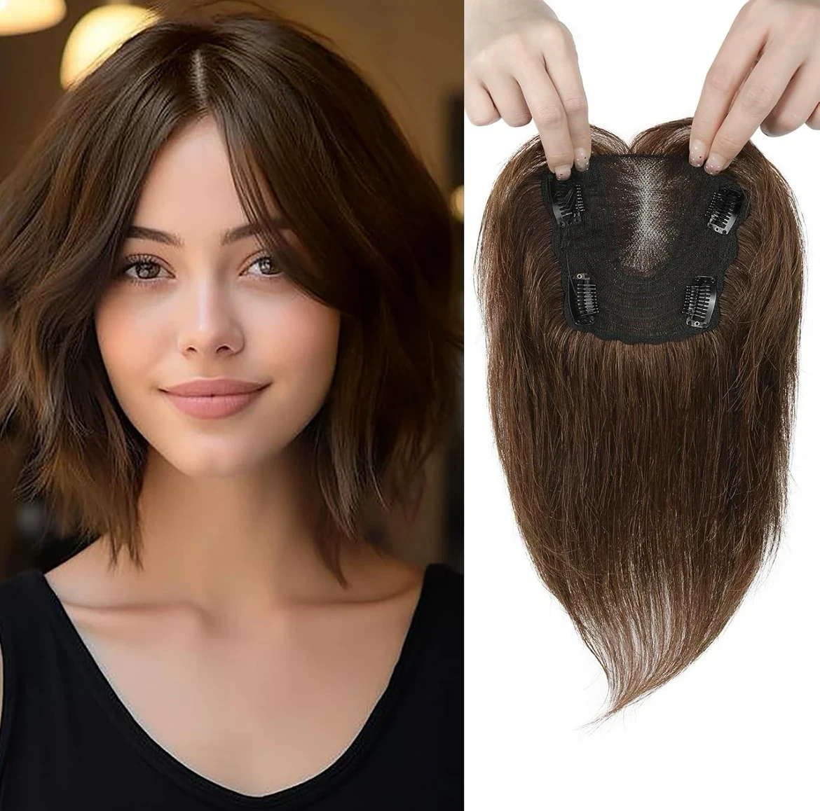 Toppers de cabello de 12 pulgadas para mujer, cabello humano real, base de encaje suizo de 4.5 x 5 pulgadas, adorno de cabello atado a mano, sin flequillo, color marrón