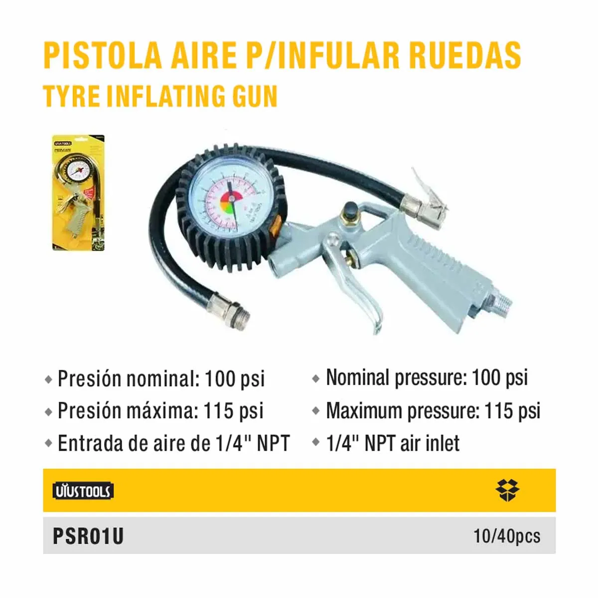 PISTOLA de AIRE C/Reloj P/Inflar Rueda UYUST 100-115 PSI