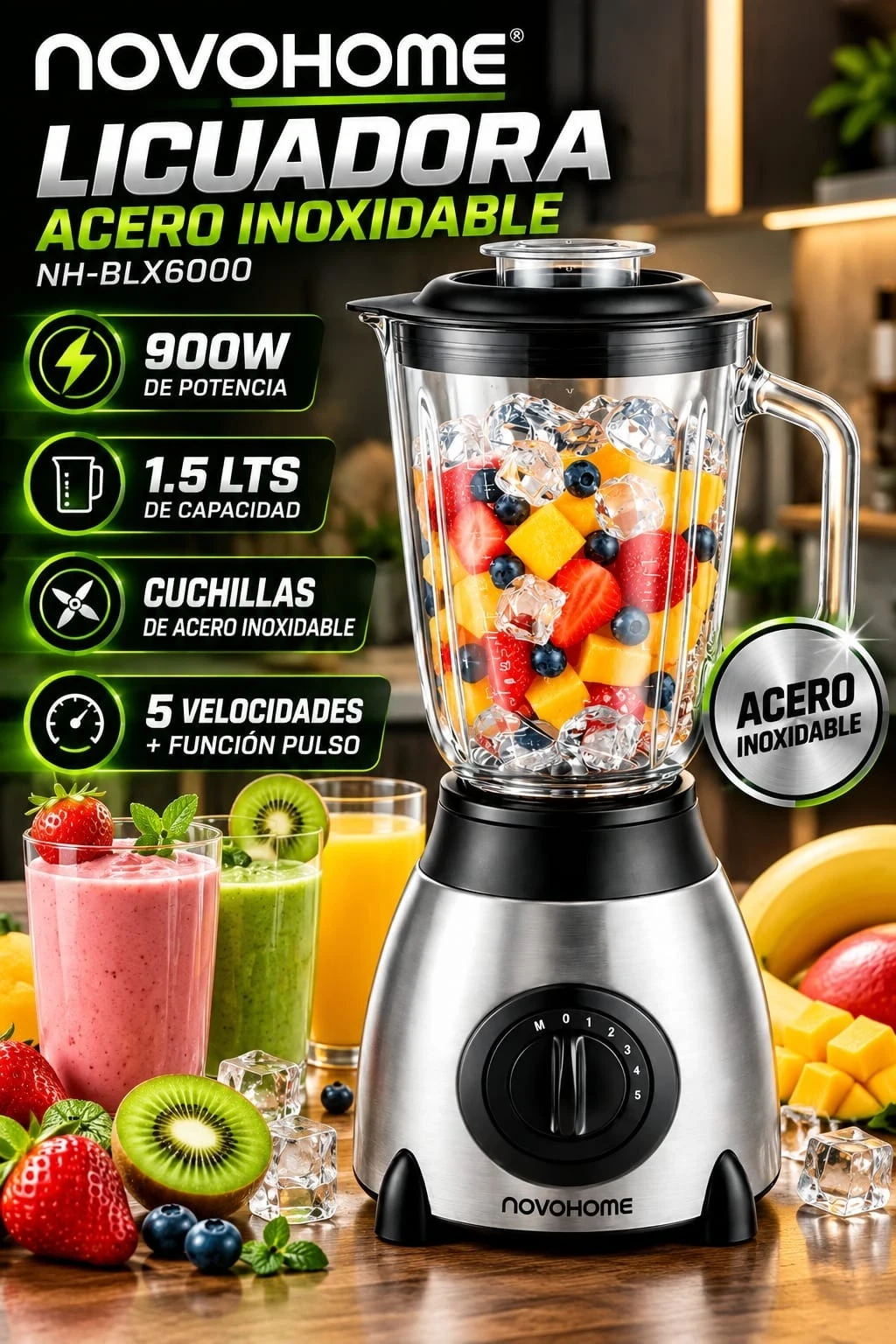 Licuadora Novohome 1.5lts acero inoxidable  